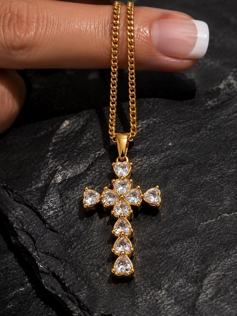 Gold Cross Pendant Necklace with Clear Gemstones - Women Jewelry